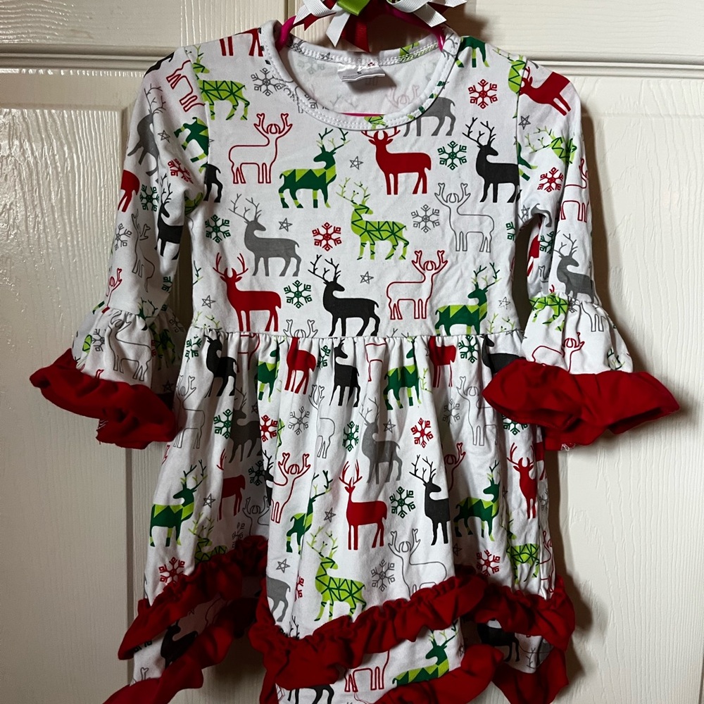 Festive Reindeer Print Dress with Ruffle Trim